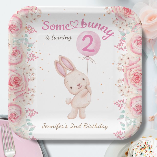 Assiettes En Carton Un lapin est DEUX ! Girl Pink 2e anniversaire (Créateur téléchargé)