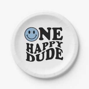 Assiettes En Carton Un mec heureux   Blue Retro Preppy Smile Anniversa