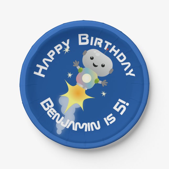 Assiettes En Carton Un mignon robot volant dans l'espace dessin animé (Devant)