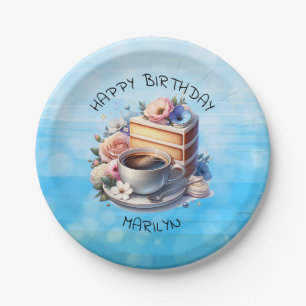 Assiettes En Carton Un morceau de gâteau, une coupe de café et des fle