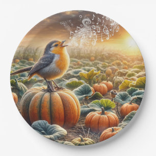 Assiettes En Carton Un oiseau chante sur un Citrouille