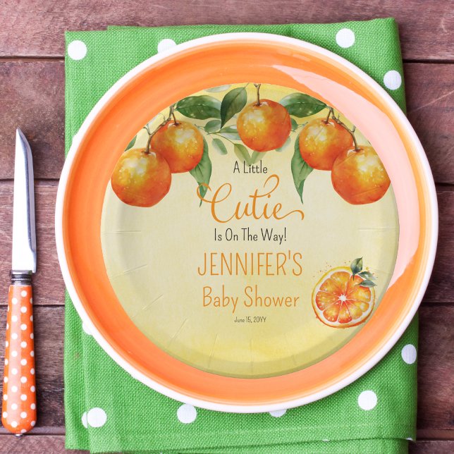 Assiettes En Carton Un petit Baby shower d'aquarelle Citrus Cutie ("A Little Cutie Is On The Way!" Orange Clementine Citrus-Themed Baby Shower Paper Plates)