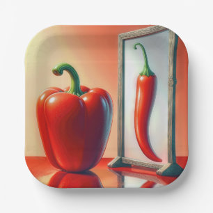 Assiettes En Carton Un poivre rouge regardant dans un miroir