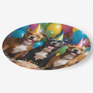 Assiettes En Carton Un très joyeux anniversaire Staffy avec gâteau,