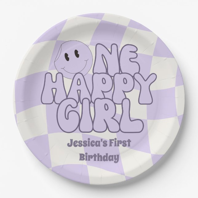 Assiettes En Carton Une fille heureuse premier anniversaire rose (Devant)