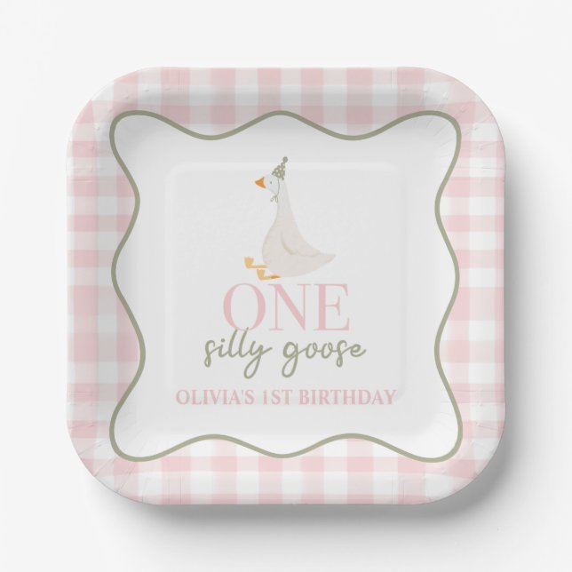 Assiettes En Carton Une oie sotte rose et vert (Recto)