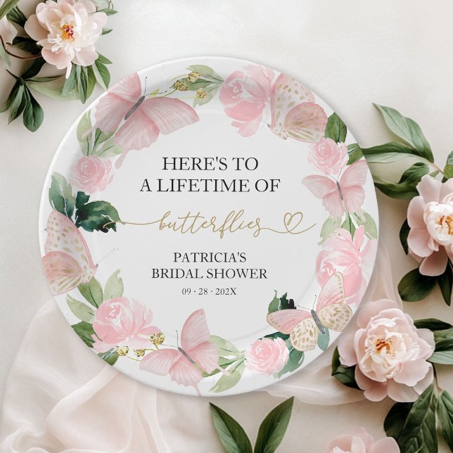 Assiettes En Carton Une vie de papillons Fête de mariage rose (Créateur téléchargé)