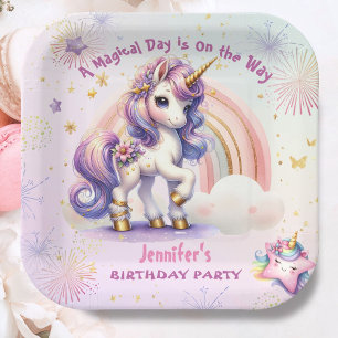 Assiettes En Carton Unicorn Birthday Girl Purple Gold Rainbow