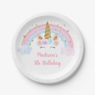 Assiettes En Carton Unicorn Rainbow Pink Gold Pastel Birthday