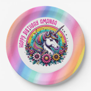Assiettes En Carton Unicorne colorée et arc-en-ciel Anniversaire perso