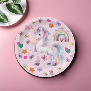 Assiettes En Carton Unicorne colorée Fleurs arc-en-ciel fête d'anniver