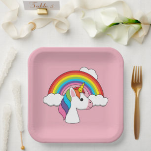 Assiettes En Carton Unicorne et arc-en-ciel avec nuages Kawaii