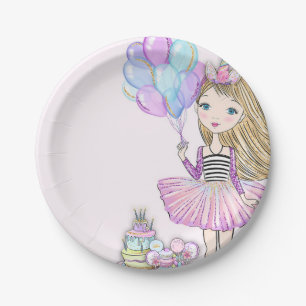 Assiettes En Carton Unicorne, fille blonde rose glorieuse