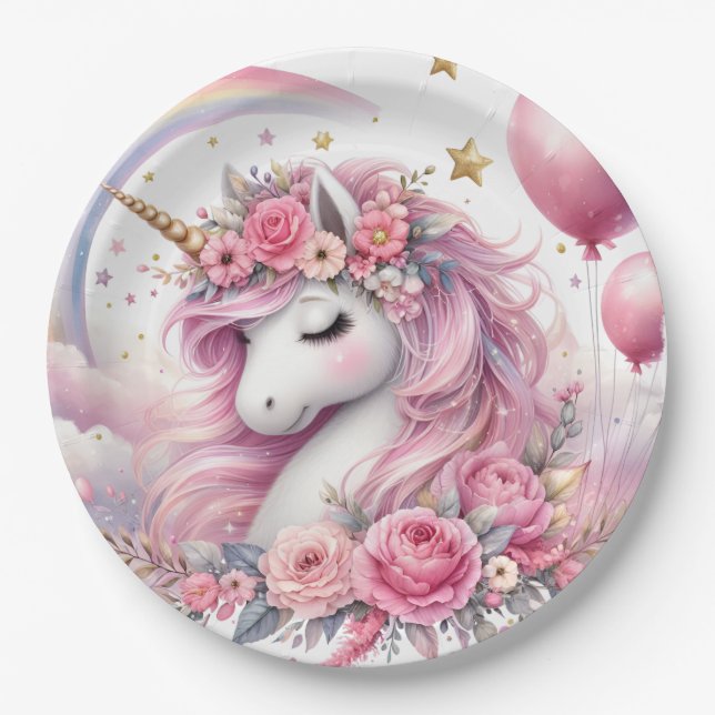 Assiettes En Carton Unicorne rose (Devant)