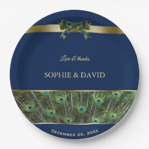 Assiettes En Carton Unique Marine Blue Gold Peacock Feaths Mariage