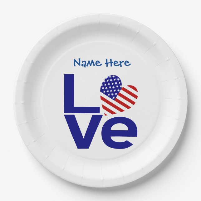 Assiettes En Carton USA Love Drapeau en bleu Parti Personnalisé (Devant)