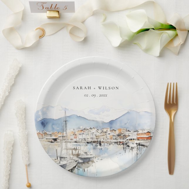 Assiettes En Carton Ushuaia, Argentina Watercolor Landscape Wedding (Mariage)