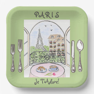 Assiettes En Carton Ustensiles de Paris Tour Eiffel à l'aquarelle fant