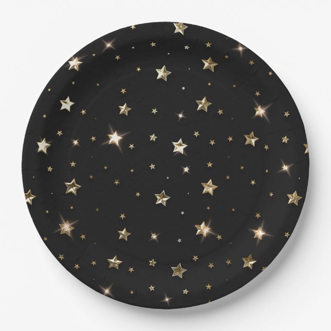 Assiettes En Carton Vacances Black et Gold Faux Metal Christmas Stars (Devant)