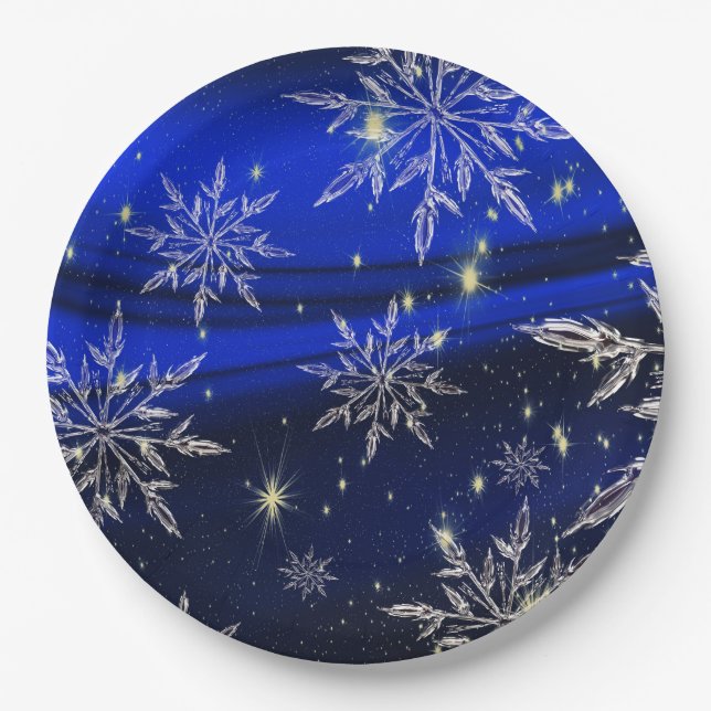 Assiettes En Carton Vacances blanches de neige de Noël bleu (Devant)