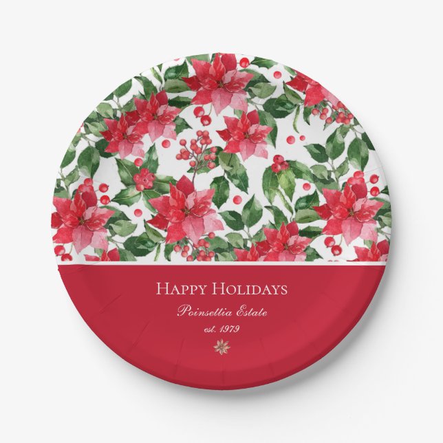 Assiettes En Carton Vacances de Noël Personnalisé Poinsettia Motif (Devant)