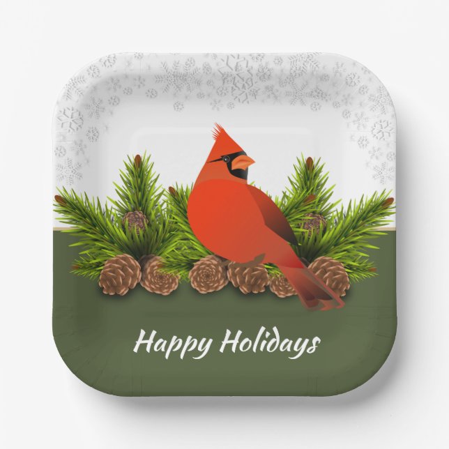 Assiettes En Carton Vacances d'hiver Cardinal Pinecones et Snowflakes (Recto)