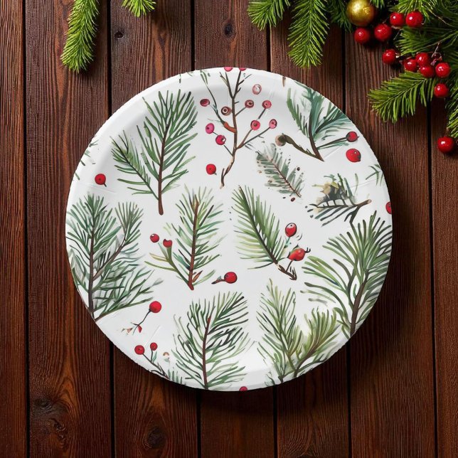 Assiettes En Carton Vacances Pine & Berries Rouge Design Woodland (Créateur téléchargé)