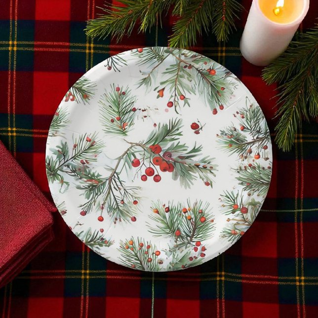 Assiettes En Carton Vacances Pine & Berries Rouge Design Woodland (Créateur téléchargé)