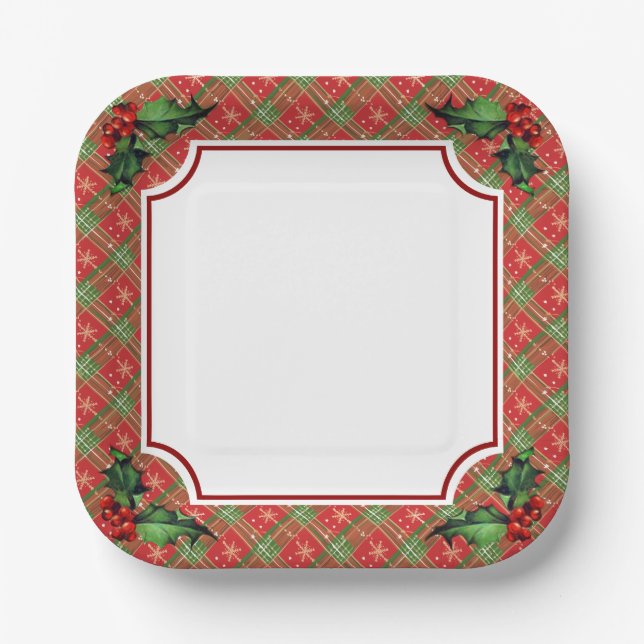 Assiettes En Carton Vacances Red Plaid avec Holly (Recto)