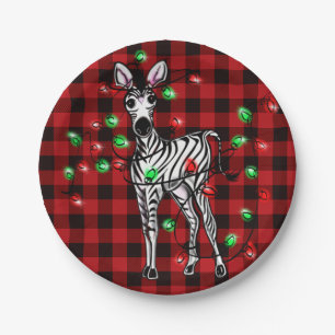 Assiettes En Carton Vacances Zèbre, tartan rouge, lumières scintillant