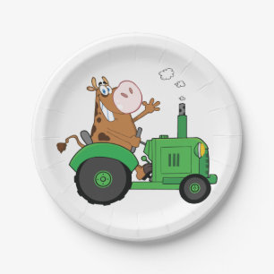 Assiettes En Carton Vache conduisant un tracteur