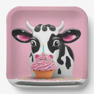 Assiettes En Carton Vache D'Anniversaire Avec Cupcake Sur Rose