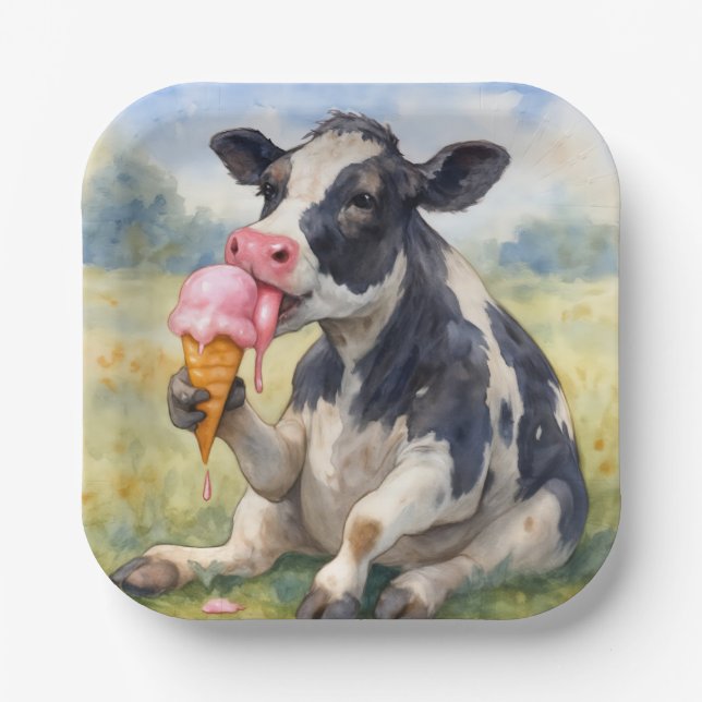 Assiettes En Carton Vache d'aquarelle lèche un cône de glace (Recto)