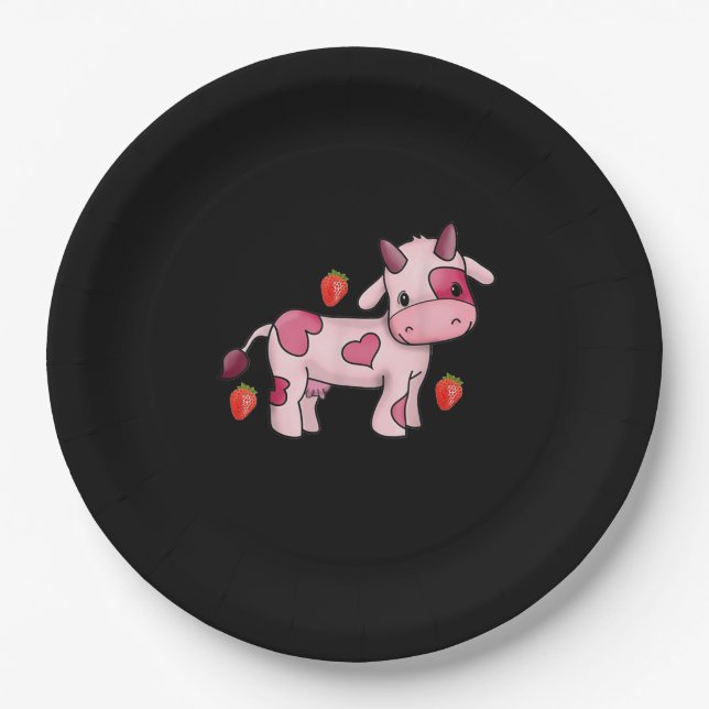 Assiettes En Carton Vache de fraise coute de vache rose (Devant)
