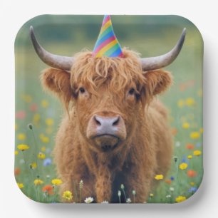 Assiettes En Carton Vache des Highlands d'anniversaire avec chapeau de