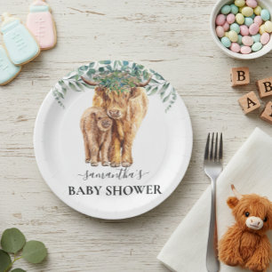 Assiettes En Carton Vache des Highlands Veau Baby Shower Eucalyptus
