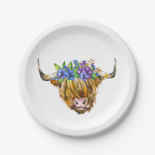 Assiettes En Carton Vache écossaise avec fleurs Aquarelle