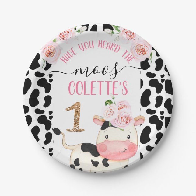 Assiettes En Carton Vache florale avec vache Imprimer Anniversaire (Devant)