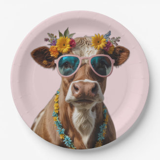 Assiettes En Carton Vache gaie avec lunettes de soleil