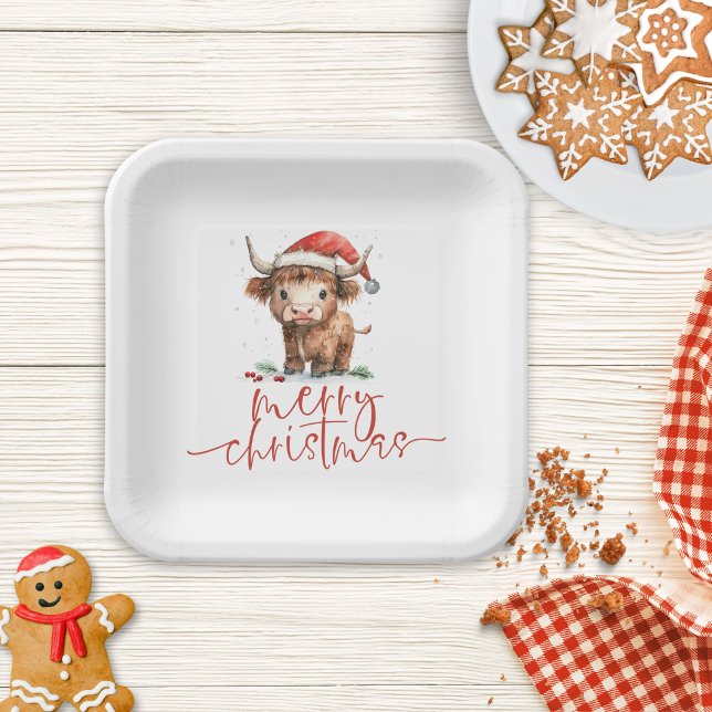 Assiettes En Carton Vache Highland à Santa Hat Joyeux Noël (Créateur téléchargé)