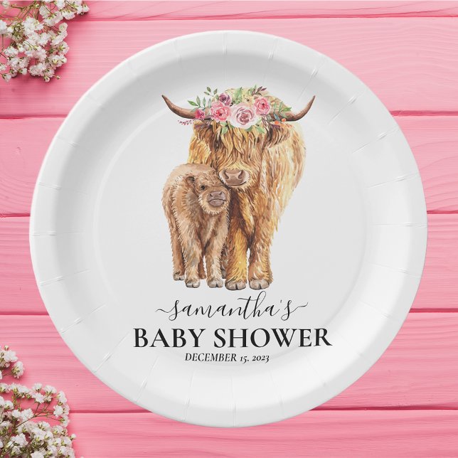Assiettes En Carton Vache Highland Baby shower d'aquarelle (Créateur téléchargé)