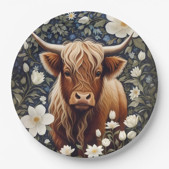 Assiettes En Carton Vache Highland Élégant Blanc Floral (Devant)
