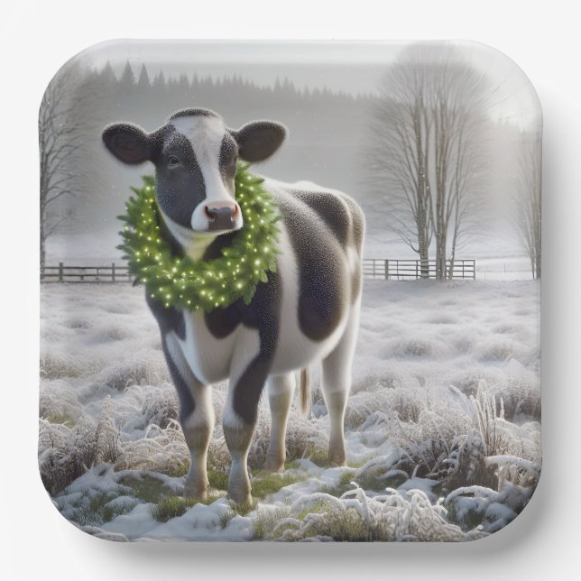 Assiettes En Carton Vache Holstein de Noël portant une couronne (Recto)