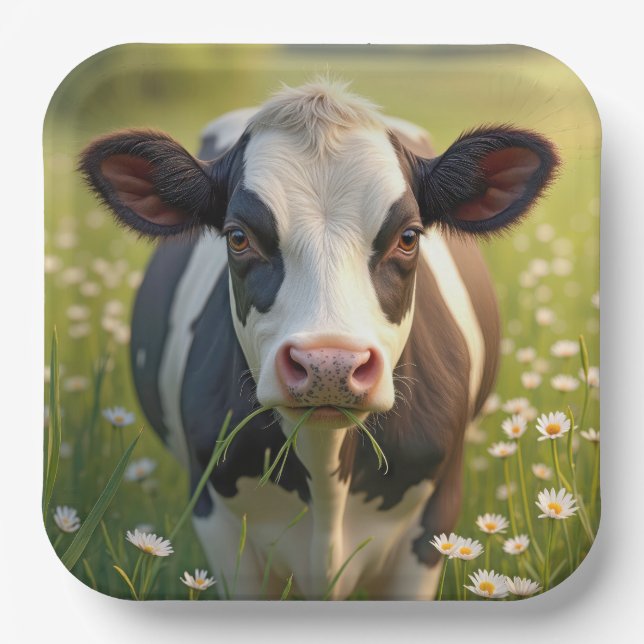 Assiettes En Carton Vache Holstein En Pâturage Vert Avec Marguerites (Recto)