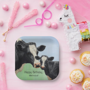 Assiettes En Carton Vache Holstein noire et veau mignon