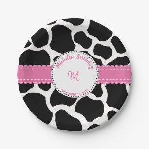 Assiettes En Carton Vache Imprimé rose noir Plaque papier d'anniversai