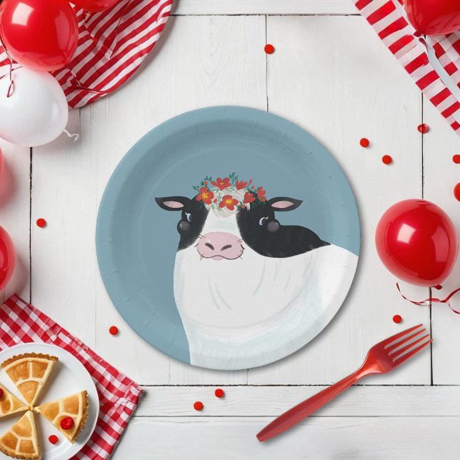 Assiettes En Carton Vache laitière et couronne de fleurs rouges (Créateur téléchargé)