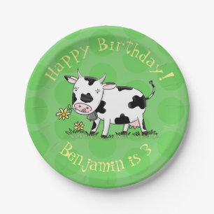 Assiettes En Carton Vache mignonne en vert dessin animé sur le terrain