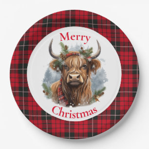 Assiettes En Carton Vache rouge À damiers Noël Highlander