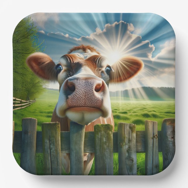 Assiettes En Carton Vache Whimsical Qui Peigne Sur La Clôture (Recto)